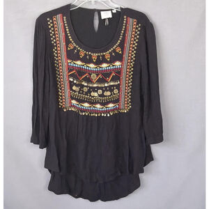 HD In Paris Anthropologie Top Womens 12 Black Embroidered‎ Tunic Boho Crinkle